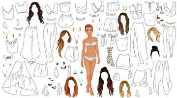 Holiday Weekend Coloring Page Paper Doll with Clothing, Hairstyles, Shoes and Accessories. Vector Illustration