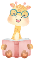 carino contento giraffa ragazzo animale indietro per scuola con Borsa e libri, bambini acquerello illustrazione png