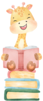 cute happy giraffe kid animal back to school with bag and books, children watercolour illustration png