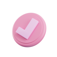 3d render check mark button with pink collour. 3d assets,success concept. png