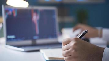 de näringsidkare analyser de Graf av de nedåtgående trend och trend uppåt i de valuta marknadsföra. man analyserar kryptovaluta stock marknadsföra diagram från bärbar dator tar anteckningar, näringsidkare utseende på stock marknadsföra Posten och nedgångar. video
