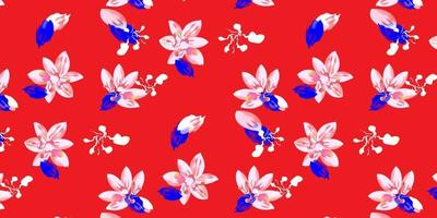 Hand drawn abstract sakura flowers seamless pattern on red. seamless floral vector pattern. Japanese style, find fill pattern on swatches