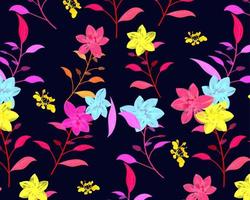 High contrast colorful flora on dark background, modern seamless pattern. Find fill pattern on swatches vector