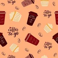 Seamless pattern with coffee cups and muffins. Design for tablecloth, wrapping, wallpaper. vector