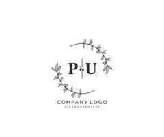 initial PU letters Beautiful floral feminine editable premade monoline logo suitable for spa salon skin hair beauty boutique and cosmetic company. vector