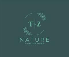 initial TZ letters Botanical feminine logo template floral, editable premade monoline logo suitable, Luxury feminine wedding branding, corporate. vector