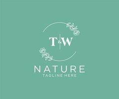 initial TW letters Botanical feminine logo template floral, editable premade monoline logo suitable, Luxury feminine wedding branding, corporate. vector