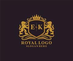 Initial EK Letter Lion Royal Luxury Logo template in vector art for Restaurant, Royalty, Boutique, Cafe, Hotel, Heraldic, Jewelry, Fashion and other vector illustration.