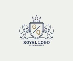 Initial GQ Letter Lion Royal Luxury Logo template in vector art for Restaurant, Royalty, Boutique, Cafe, Hotel, Heraldic, Jewelry, Fashion and other vector illustration.