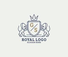 Initial GS Letter Lion Royal Luxury Logo template in vector art for Restaurant, Royalty, Boutique, Cafe, Hotel, Heraldic, Jewelry, Fashion and other vector illustration.