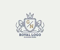 Initial GN Letter Lion Royal Luxury Logo template in vector art for Restaurant, Royalty, Boutique, Cafe, Hotel, Heraldic, Jewelry, Fashion and other vector illustration.