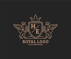 Initial HE Letter Lion Royal Luxury Heraldic,Crest Logo template in vector art for Restaurant, Royalty, Boutique, Cafe, Hotel, Heraldic, Jewelry, Fashion and other vector illustration.