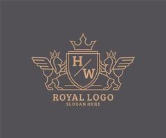 Initial HW Letter Lion Royal Luxury Heraldic,Crest Logo template in vector art for Restaurant, Royalty, Boutique, Cafe, Hotel, Heraldic, Jewelry, Fashion and other vector illustration.