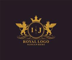 Initial IJ Letter Lion Royal Luxury Heraldic,Crest Logo template in vector art for Restaurant, Royalty, Boutique, Cafe, Hotel, Heraldic, Jewelry, Fashion and other vector illustration.