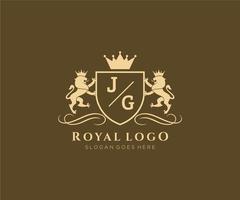 Initial JG Letter Lion Royal Luxury Heraldic,Crest Logo template in vector art for Restaurant, Royalty, Boutique, Cafe, Hotel, Heraldic, Jewelry, Fashion and other vector illustration.