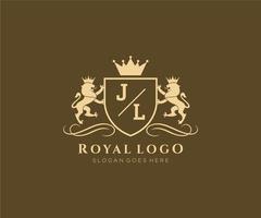Initial JL Letter Lion Royal Luxury Heraldic,Crest Logo template in vector art for Restaurant, Royalty, Boutique, Cafe, Hotel, Heraldic, Jewelry, Fashion and other vector illustration.