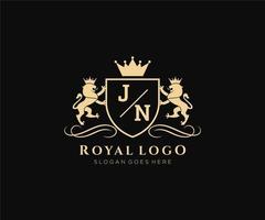 Initial JN Letter Lion Royal Luxury Heraldic,Crest Logo template in vector art for Restaurant, Royalty, Boutique, Cafe, Hotel, Heraldic, Jewelry, Fashion and other vector illustration.