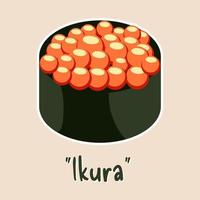 Ikura Sushi or Salmon Roe Sushi illustration, wrapped nori seaweed around a ball of rice topped with plumb orbs of salmon roe vector