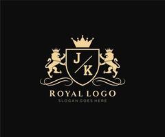 Initial JK Letter Lion Royal Luxury Heraldic,Crest Logo template in vector art for Restaurant, Royalty, Boutique, Cafe, Hotel, Heraldic, Jewelry, Fashion and other vector illustration.