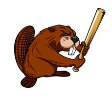 Cartoon beaver baseball player with bat, mascot vector