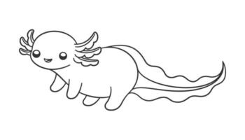 Happy axolotl outline line art cartoon vector illustration. Cute underwater aquatic animal design. Easy simple coloring book page activity for kids.