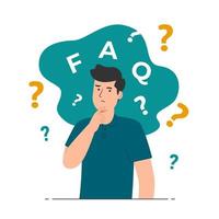 Thinking man with question mark. Confused, doubts, curious. Frequently Asked Questions FAQ concept vector