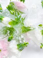 Pink and white carnations with ice pieces leaves photo