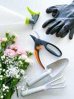 spray pink and white flowers with gardening tools photo