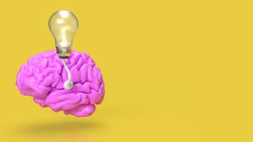 The pink Brain and light bulb on yellow background for creative or idea concept 3d rendering photo