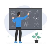 Teacher explaining and writing formula on chalkboard. Teaching concept illustration vector