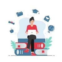 Female student studying with laptop. Online courses concept vector