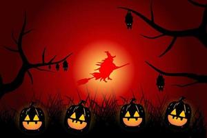 halloween background flat design with pumpkin ghost and flying witch vector