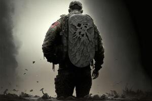 Soldier, War, Sacrifice and Hero. Brave veteran back view. photo