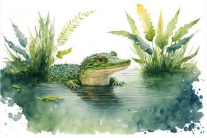 Cute baby crocodile in the lake. Watercolor painting of cute amphibian. photo