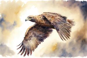 Cute eaglet is flying on sky. Watercolor painting of cute eagle bird wild animals. photo