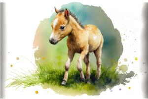 Cute foal is playing on grass. Watercolor painting of cute horse farm animals. photo