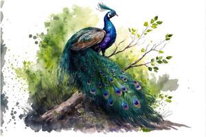 AI Generated Cute peacock spreading wings in the forest. Watercolor painting of cute bird animals. photo