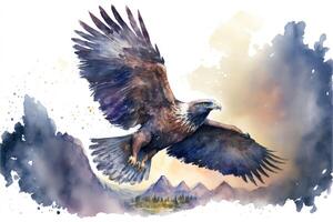 AI Generated Cute eaglet is flying on sky. Watercolor painting of cute eagle bird wild animals. photo