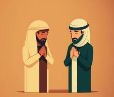 Two muslim people pray together cartoon style. photo