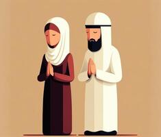 Two muslim people pray together cartoon style. photo