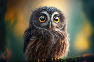 Cute owl with big eyes looks curious. photo