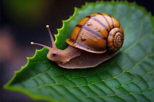 Snail crawling on a leaf. photo
