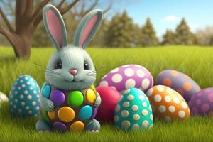 3D Happy Bunny and Easter Eggs Cartoon. photo