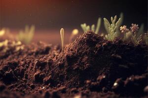 Close up soil nature background. Fertile soil with organic saplings. photo