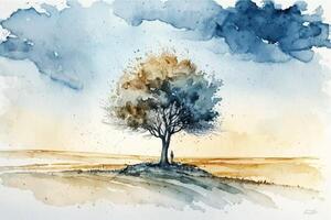 Lonely tree stands in a field watercolor painting. Symbolizing feelings of isolation. photo