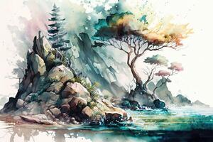 Synthetic scenery watercolor painting. Natural landscapes trees rocks and streams. photo