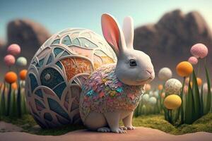 3D Bunny and Easter Eggs. photo