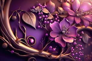 3D wallpaper pink purple jewelry on flowers and tree background. photo
