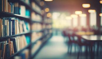 Blurred classroom with bookshelves based on defocussed effect. Abstract blurred empty university library interior space. Use for background or backdrop in bookstore business or education concepts photo