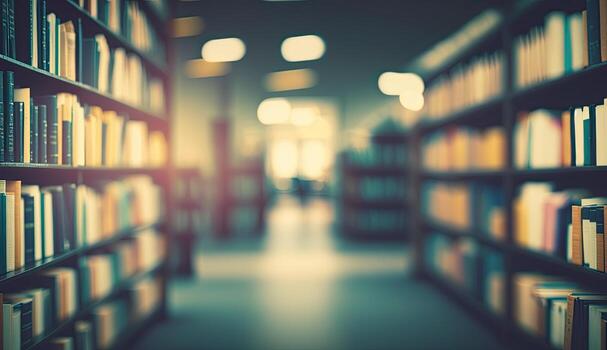 Blurred classroom with bookshelves based on defocussed effect. Abstract blurred empty university library interior space. Use for background or backdrop in bookstore business or education concepts photo